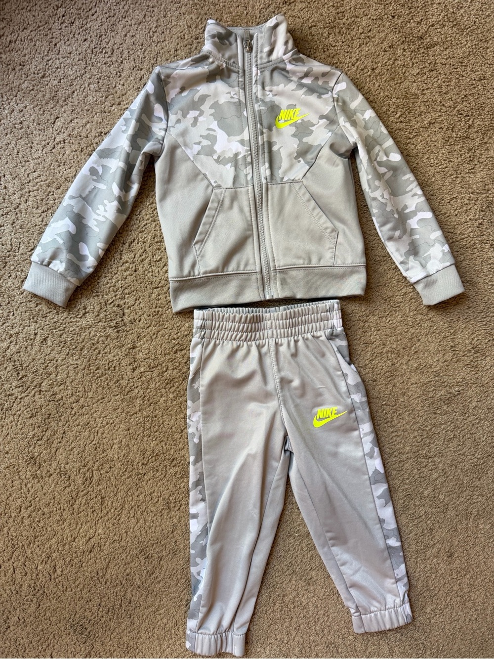 Nike Kids Grey Camo Jacket & Joggers Set with Neon Yellow Logo